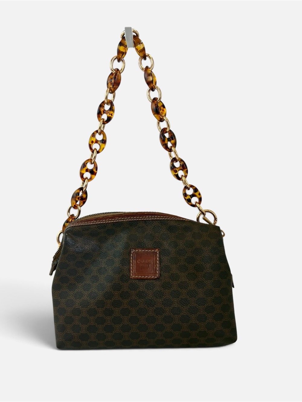 Celine Brown Logo-Print Shoulder Bag with Tortoiseshell Chain - Picture 1 of 11
